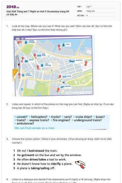 Giải SGK Tiếng anh 7 Right on Unit 5 Vocabulary trang 84 có đáp án