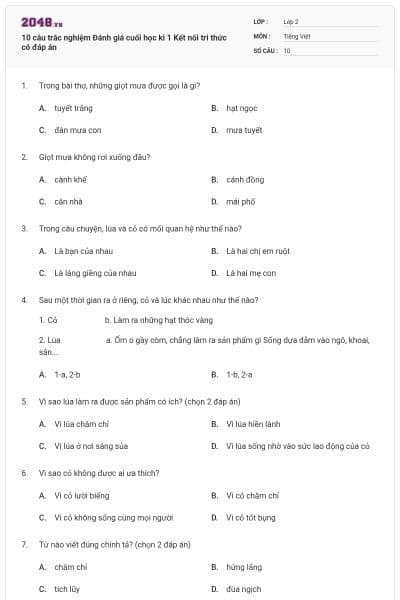 10 câu trắc nghiệm Đánh giá cuối học kì 1 Kết nối tri thức có đáp án