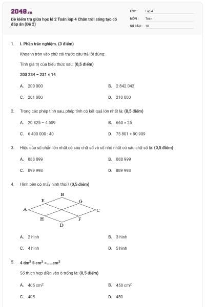 Đề kiểm tra giữa học kì 2 Toán lớp 4 Chân trời sáng tạo có đáp án (Đề 2)