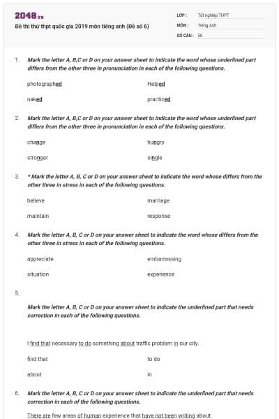 Đề thi thử thpt quốc gia 2019 môn tiếng anh (Đề số 6)
