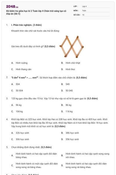 Đề kiểm tra giữa học kì 2 Toán lớp 4 Chân trời sáng tạo có đáp án (Đề 5)