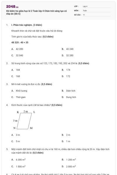 Đề kiểm tra giữa học kì 2 Toán lớp 4 Chân trời sáng tạo có đáp án (Đề 6)