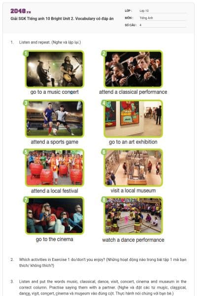 Giải SGK Tiếng anh 10 Bright Unit 2. Vocabulary có đáp án