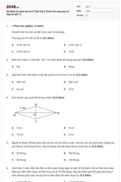 Đề kiểm tra giữa học kì 2 Toán lớp 4 Chân trời sáng tạo có đáp án (Đề 7)