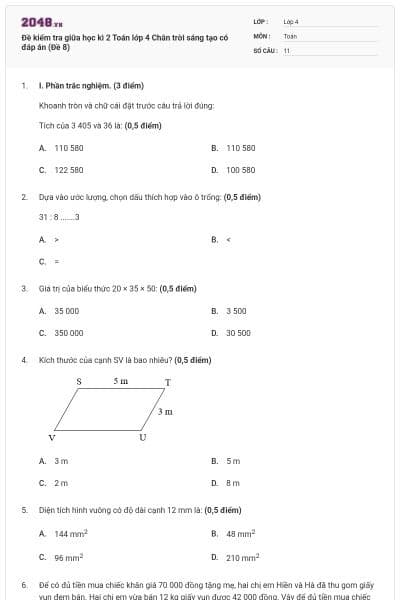 Đề kiểm tra giữa học kì 2 Toán lớp 4 Chân trời sáng tạo có đáp án (Đề 8)