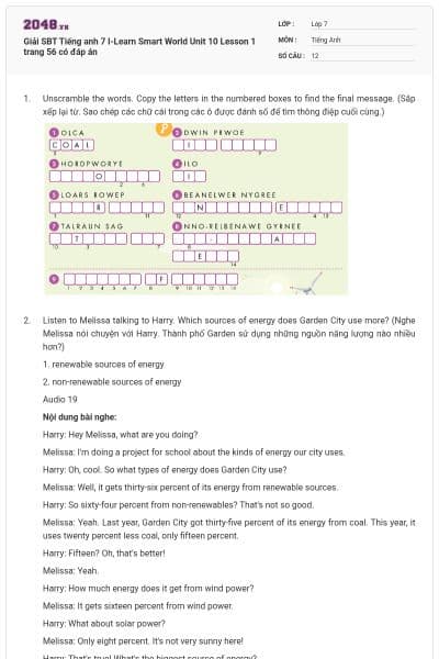 Giải SBT Tiếng anh 7 I-Learn Smart World Unit 10 Lesson 1 trang 56 có đáp án