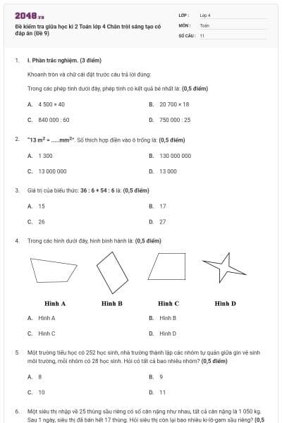 Đề kiểm tra giữa học kì 2 Toán lớp 4 Chân trời sáng tạo có đáp án (Đề 9)