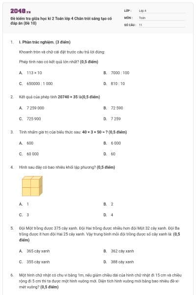 Đề kiểm tra giữa học kì 2 Toán lớp 4 Chân trời sáng tạo có đáp án (Đề 10)