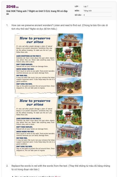 Giải SGK Tiếng anh 7 Right on Unit 5 CLIL trang 90 có đáp án