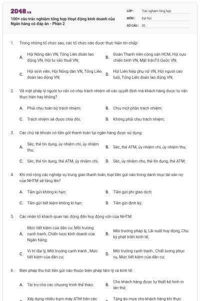 100+ câu trắc nghiệm tổng hợp Hoạt động kinh doanh của Ngân hàng có đáp án - Phần 2