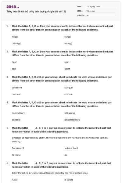 Tổng hợp đề thi thử tiếng anh thpt quốc gia (Đề số 12)