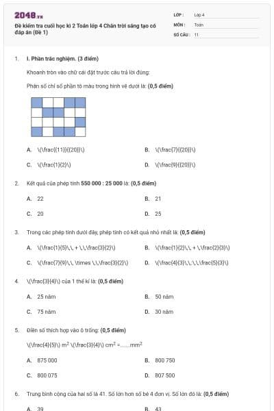 Đề kiểm tra cuối học kì 2 Toán lớp 4 Chân trời sáng tạo có đáp án (Đề 1)