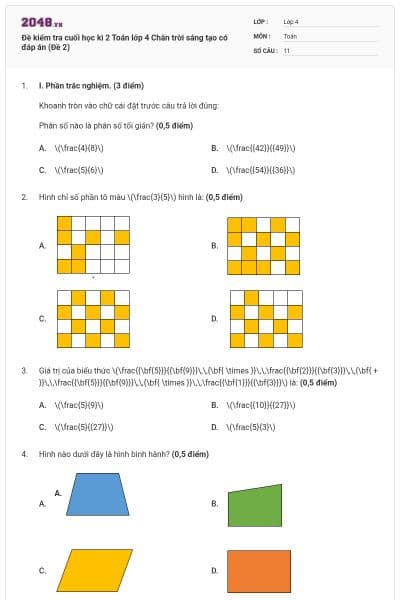 Đề kiểm tra cuối học kì 2 Toán lớp 4 Chân trời sáng tạo có đáp án (Đề 2)