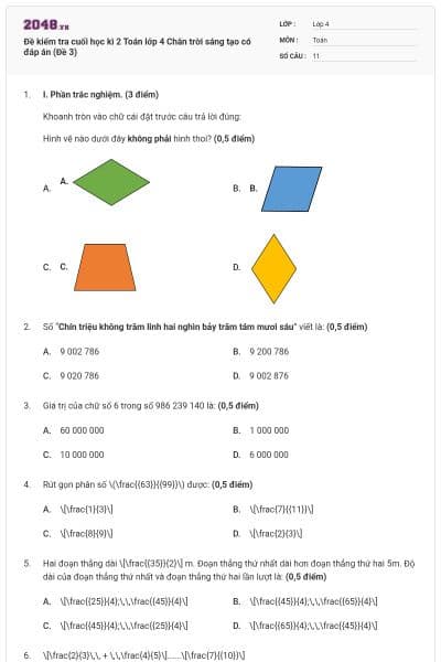 Đề kiểm tra cuối học kì 2 Toán lớp 4 Chân trời sáng tạo có đáp án (Đề 3)