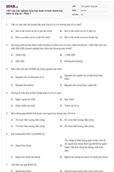 100+ câu trắc nghiệm tổng hợp Quản trị kinh doanh bảo hiểm có đáp án - Phần 1