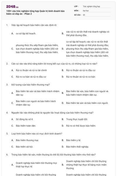 100+ câu trắc nghiệm tổng hợp Quản trị kinh doanh bảo hiểm có đáp án - Phần 2