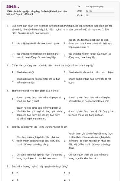 100+ câu trắc nghiệm tổng hợp Quản trị kinh doanh bảo hiểm có đáp án - Phần 3
