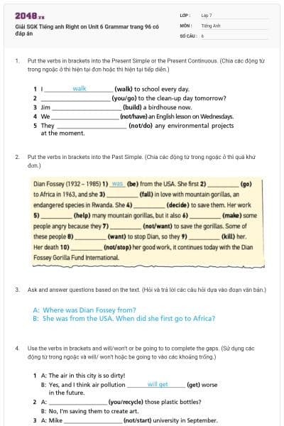 Giải SGK Tiếng anh Right on Unit 6 Grammar trang 96 có đáp án