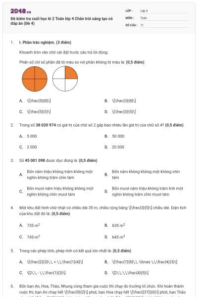 Đề kiểm tra cuối học kì 2 Toán lớp 4 Chân trời sáng tạo có đáp án (Đề 4)