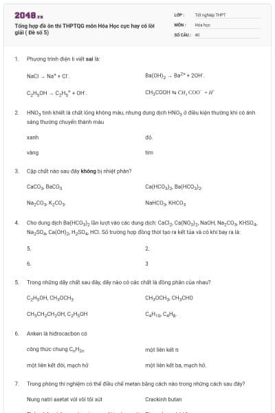Tổng hợp đề ôn thi THPTQG môn Hóa Học cực hay có lời giải ( Đề số 5)