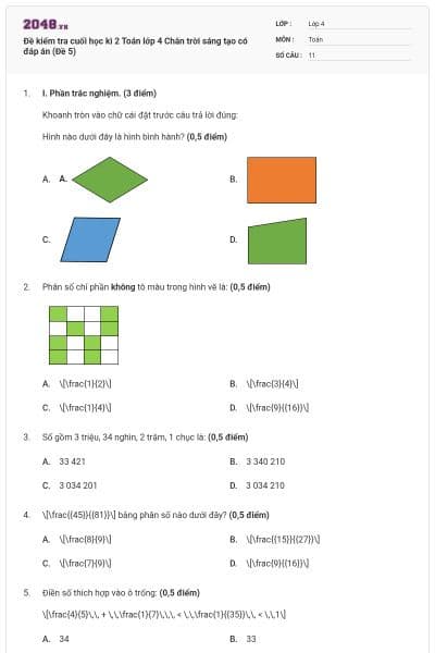 Đề kiểm tra cuối học kì 2 Toán lớp 4 Chân trời sáng tạo có đáp án (Đề 5)