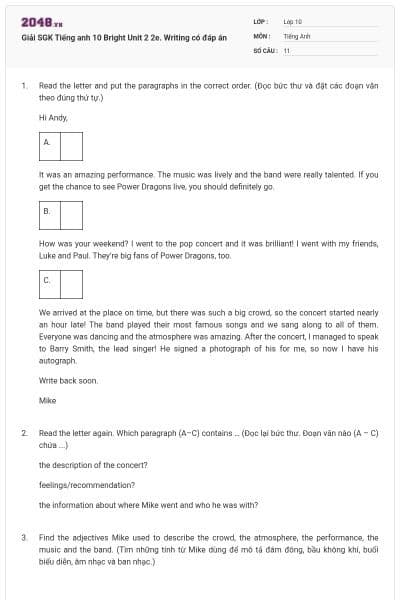 Giải SGK Tiếng anh 10 Bright Unit 2 2e. Writing có đáp án