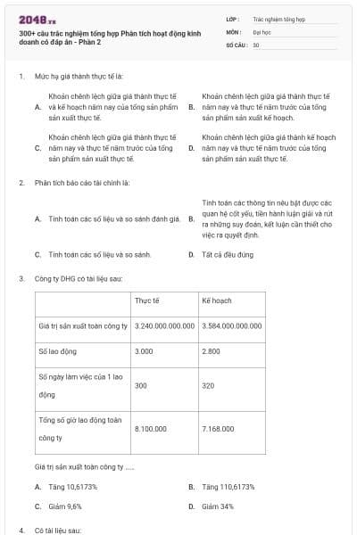 300+ câu trắc nghiệm tổng hợp Phân tích hoạt động kinh doanh có đáp án - Phần 2