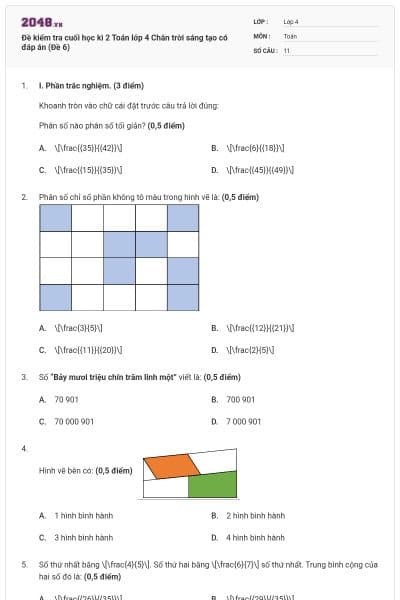 Đề kiểm tra cuối học kì 2 Toán lớp 4 Chân trời sáng tạo có đáp án (Đề 6)