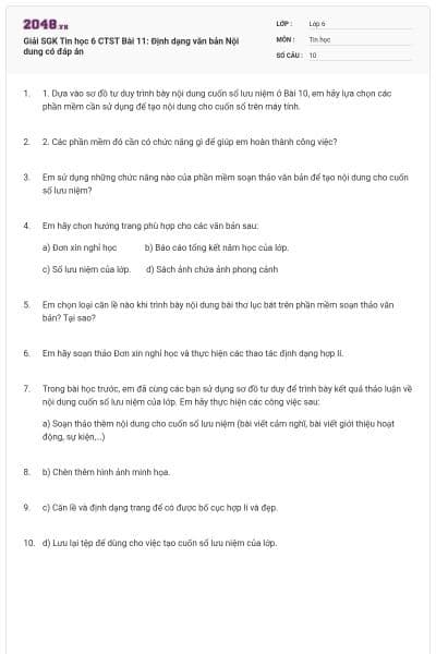 Giải SGK Tin học 6 CTST Bài 11: Định dạng văn bản Nội dung có đáp án