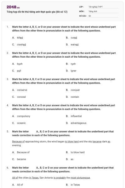 Tổng hợp đề thi thử tiếng anh thpt quốc gia (Đề số 12)