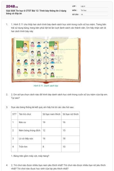 Giải SGK Tin học 6 CTST Bài 12: Trình bày thông tin ở dạng bảng có đáp án