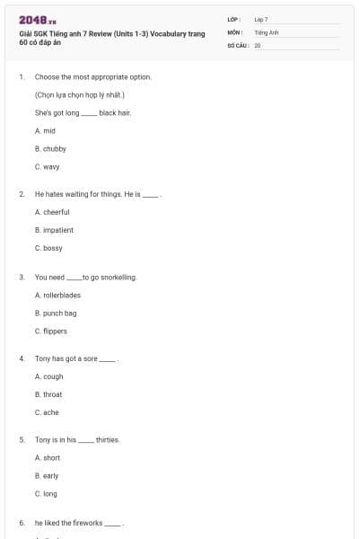 Giải SGK Tiếng anh 7 Review (Units 1-3) Vocabulary trang 60 có đáp án