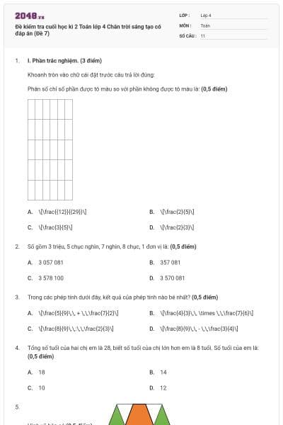 Đề kiểm tra cuối học kì 2 Toán lớp 4 Chân trời sáng tạo có đáp án (Đề 7)