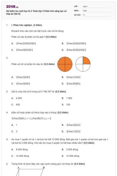 Đề kiểm tra cuối học kì 2 Toán lớp 4 Chân trời sáng tạo có đáp án (Đề 8)