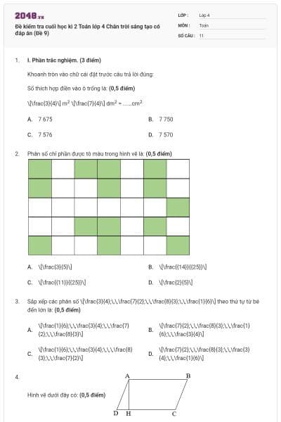 Đề kiểm tra cuối học kì 2 Toán lớp 4 Chân trời sáng tạo có đáp án (Đề 9)
