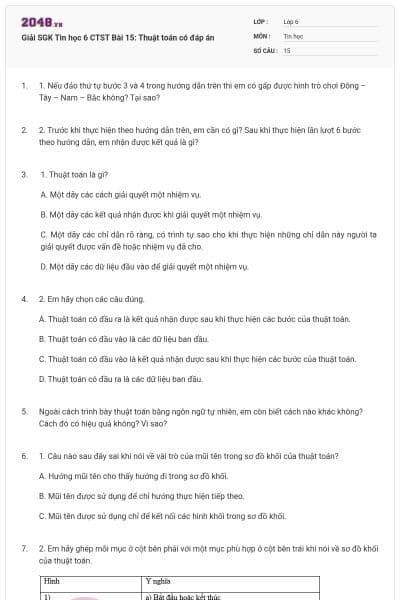 Giải SGK Tin học 6 CTST Bài 15: Thuật toán có đáp án