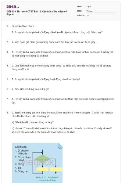 Giải SGK Tin học 6 CTST Bài 16: Cấu trúc điều khiển có đáp án