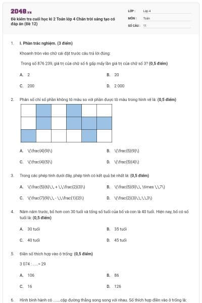 Đề kiểm tra cuối học kì 2 Toán lớp 4 Chân trời sáng tạo có đáp án (Đề 12)