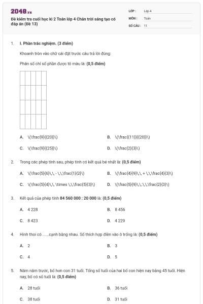 Đề kiểm tra cuối học kì 2 Toán lớp 4 Chân trời sáng tạo có đáp án (Đề 13)