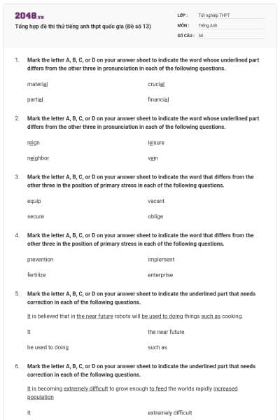 Tổng hợp đề thi thử tiếng anh thpt quốc gia (Đề số 13)