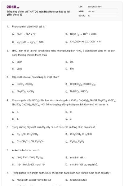 Tổng hợp đề ôn thi THPTQG môn Hóa Học cực hay có lời giải ( Đề số 5)