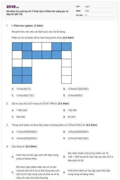Đề kiểm tra cuối học kì 2 Toán lớp 4 Chân trời sáng tạo có đáp án (Đề 15)