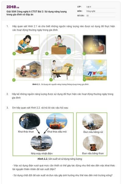 Giải SGK Công nghệ 6 CTST Bài 2: Sử dụng năng lượng trong gia đình có đáp án
