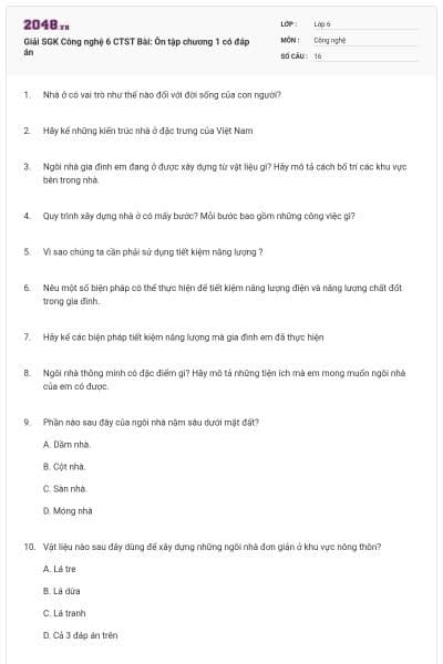 Giải SGK Công nghệ 6 CTST Bài: Ôn tập chương 1 có đáp án