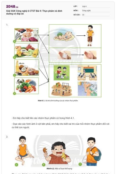 Giải SGK Công nghệ 6 CTST Bài 4: Thực phẩm và dinh dưỡng có đáp án
