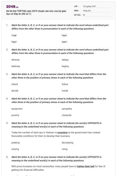 Đề thi thử THPTQG năm 2019 chuẩn cấu trúc của bộ giáo dục có đáp án (Đề số 1)