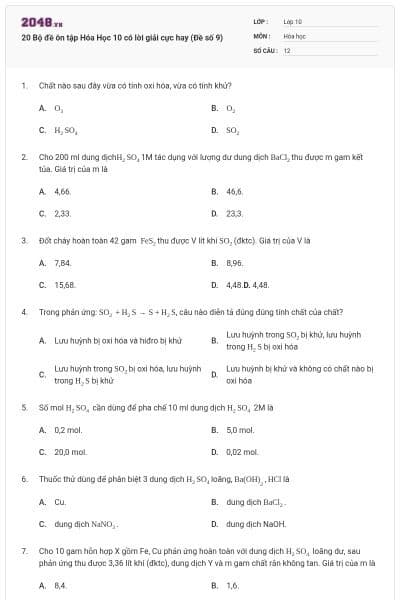 20 Bộ đề ôn tập Hóa Học 10 có lời giải cực hay (Đề số 9)