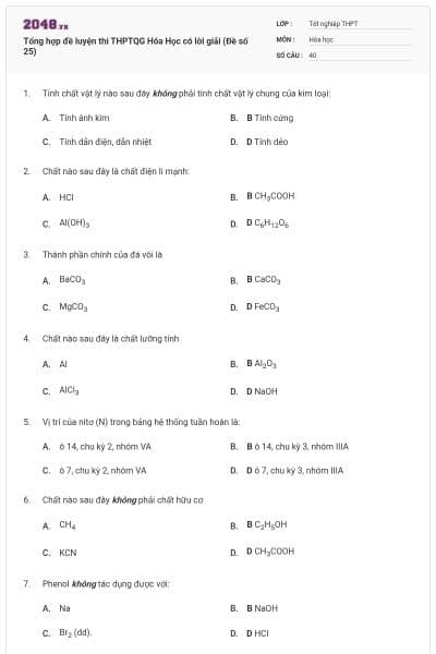 Tổng hợp đề luyện thi THPTQG Hóa Học có lời giải (Đề số 25)