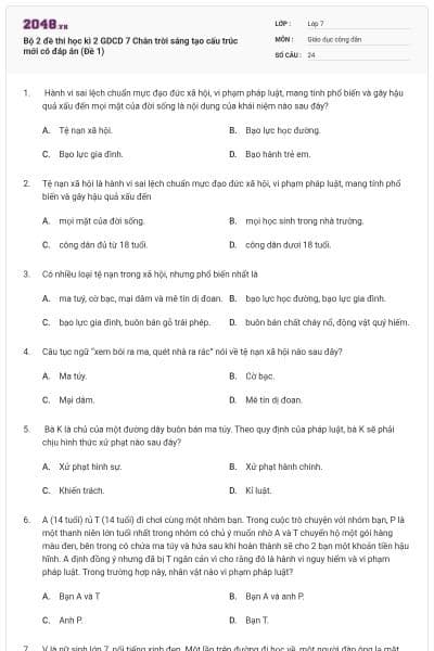 Bộ 2 đề thi học kì 2 GDCD 7 Chân trời sáng tạo cấu trúc mới có đáp án (Đề 1)