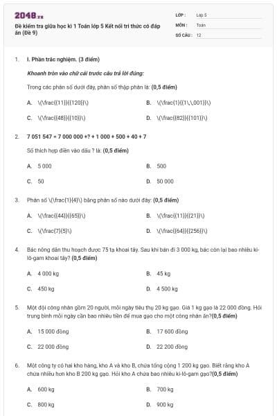 Đề kiểm tra giữa học kì 1 Toán lớp 5 Kết nối tri thức có đáp án (Đề 9)